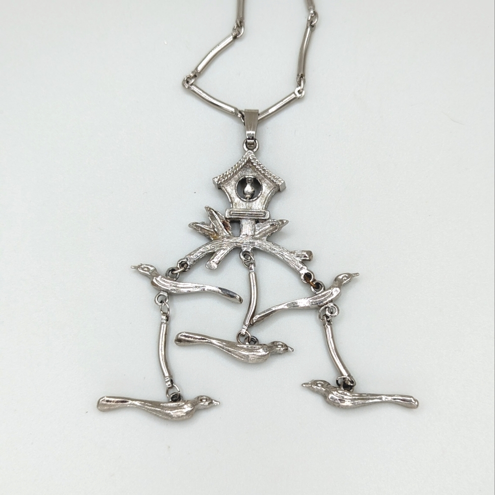 Vintage Silver Tone Birdhouse Statement Pendant Necklace
